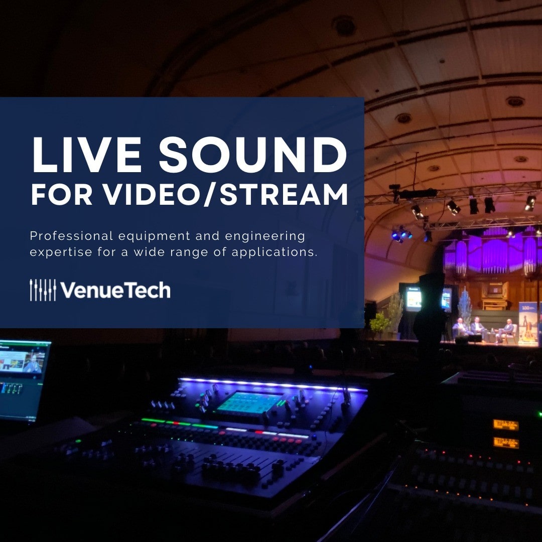 Is your event is moving online?

Venuetech offers audio services and equipment suitable for a wide range of live stream or video applications.

From a single presenter to group performances or panels - and even live music - we are here to help.